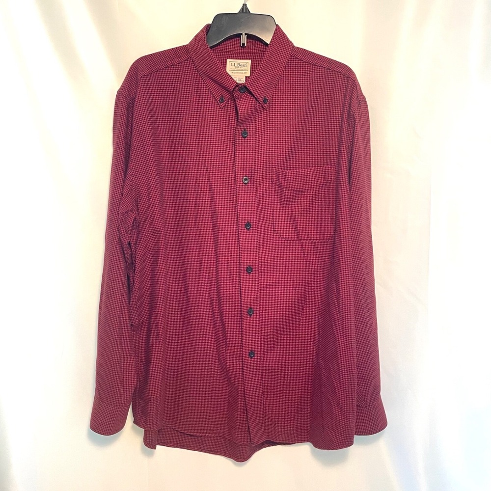 L L Bean Shirt Mens L-Reg Black Red Herringbone 100% Cotton Button Down Flannel